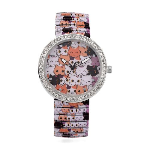 STRADA - Armbanduhr mit Katzengesichtmotiv, Kristall-Lünette, Japanisches Uhrwerk, Edelstahlzugband, Reiner Edelstahl image number 0