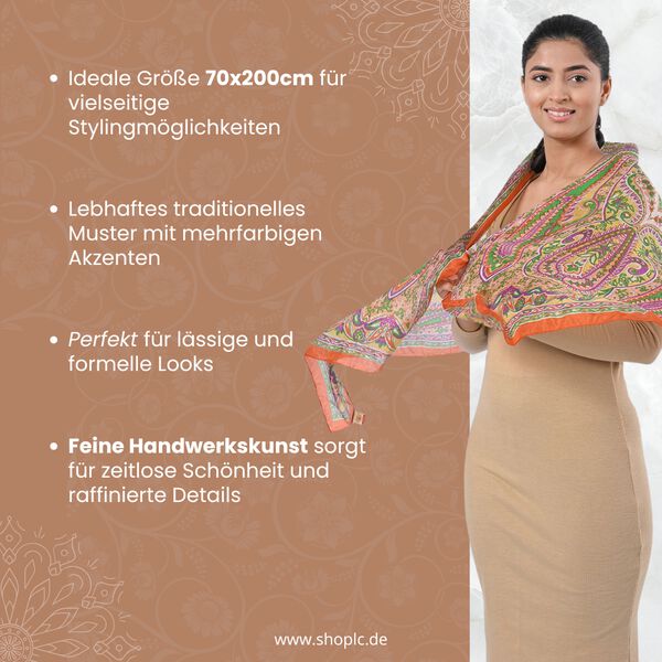 Bedruckter Schal aus 100% Seide, Mehrfarbiges Muster mit oranger Bordüre, 70x200 cm image number 2