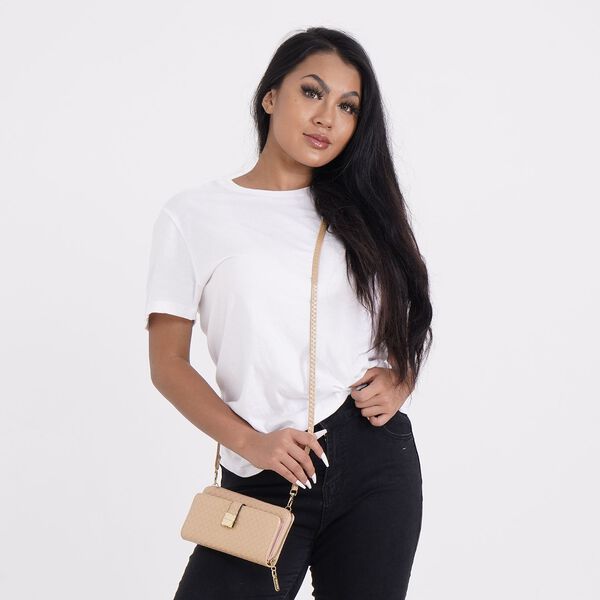 CLOSE OUT - gewebter Crossbody gl&auml;nzend Tasche, Multif&auml;cher, 20x10 cm, Nude image number 2