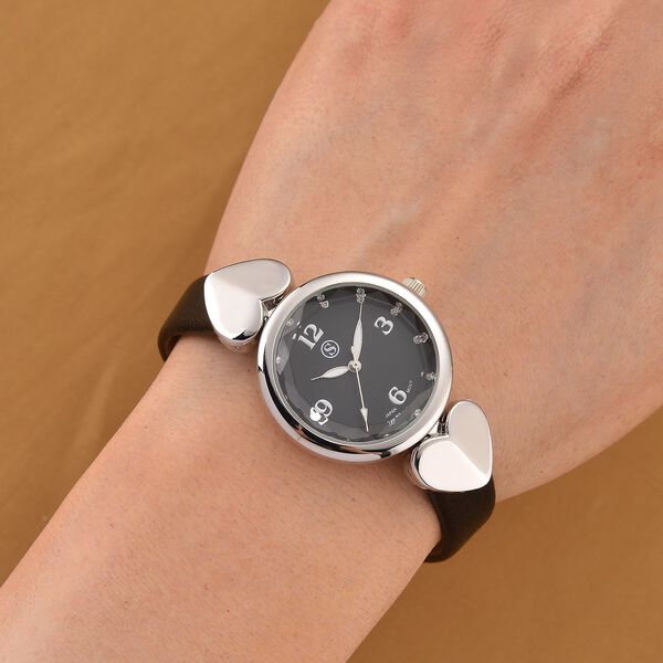 STRADA Uhr mit PC21S Japan-Uhrwerk, graues Zifferblatt, scwharzes Armband mit silberfarbenen Herz-Details image number 2