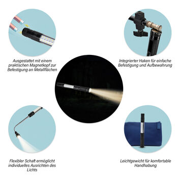 Multifunktionale LED-Taschenlampe mit Magnetkopf, 4 Lichtmodi, flexibler Schaft und Haken, Schwarz