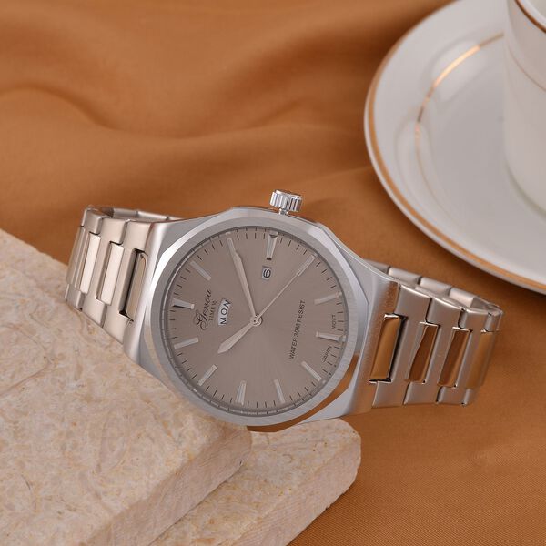 GENOA - Japanisches Uhrwerk, Graues Sonnenschliff-Zifferblatt mit Balkenindexen, Reiner Edelstahl mit Faltschließe, Bicolor, 20 cm image number 2