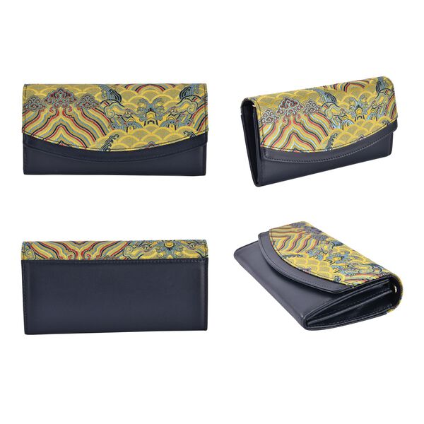 Seidenbrokat Clutch-Tasche aus echtem Leder mit RFID Schutz, 19.5x9.5x3cm, gelb image number 3
