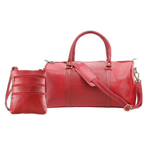 "Set of 2 -100% Genuine Leather croco embossed luggage Duffle with croco embossed crossbody bag  SIZE : Duffle 44(L)x20.32(W)x22.86(H) CM Sling bag size: 20.32(L)x3.82(W)x24.13(H) COLOR: Red"