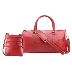 2-teiliges Reisetaschen-Set aus 100 % Echtleder, Croco-Prägung, (44 x 20 x 23 cm) und Umhängetasche (20 x 4 x 24  cm), Rot