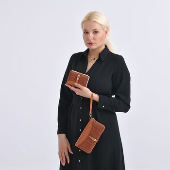 2-teiliges Geldb&ouml;rsen-Set im Krokopr&auml;gungs-Design, Lange Geldb&ouml;rse 20x10x3cm und Bifold-Geldb&ouml;rse 12x9x3,5cm, Braun