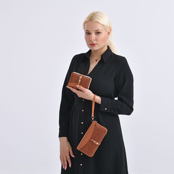 2-teiliges Geldbörsen-Set im Krokoprägungs-Design, Lange Geldbörse 20x10x3 cm und Bifold-Geldbörse 12x9x3,5 cm, Braun image number 2