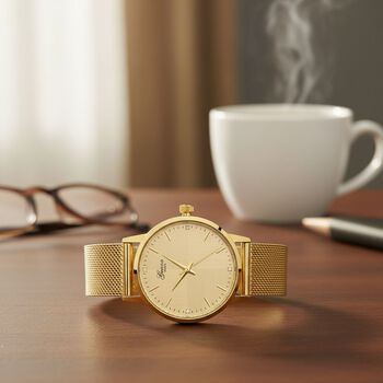 GENOA TIME - V2 Automatik Armbanduhr, Geh&auml;use 316 Edelstahl Sonnenschein Zifferblatt mit wei&szlig;em Diamant Edelstahl Mesharmband goldfarben