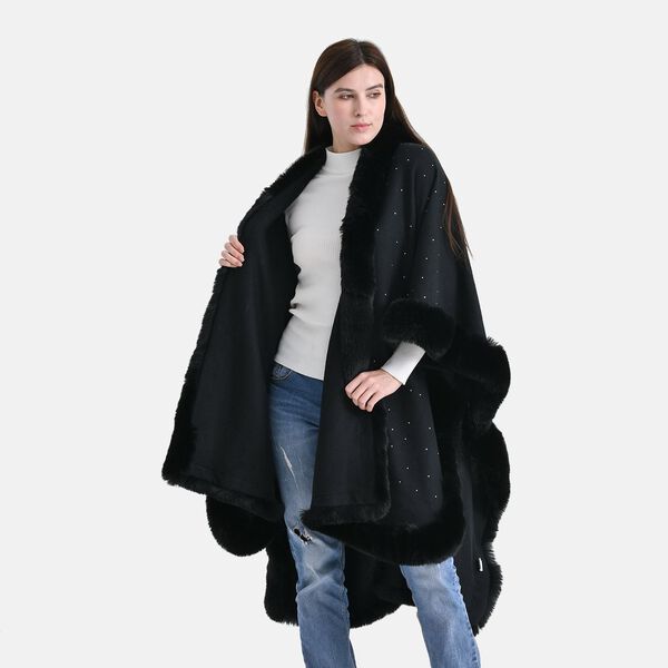 LA MAREY Poncho mit Kunstfellbesatz und Kristall-Detail, Schwarz, Einheitsgr&ouml;&szlig;e image number 5