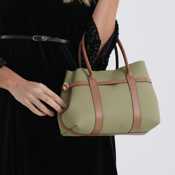 Echtleder Shopper Set, 2-teilig, Magnetfach, Rei&szlig;verschlussf&auml;cher, 35x11x20cm, Gr&uuml;n und Braun image number 4
