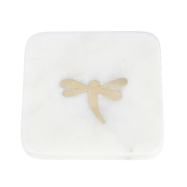 NAKKASHI 4er-Set, Marmor Untersetzer mit Messingintarsie, Libelle, Gr&ouml;&szlig;e 10x10 cm, Wei&szlig; image number 4