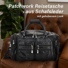 Patchwork-Reisetasche aus Schafleder mit 6 Außentaschen und Schulterriemen, 51x29x28 cm, Schwarz
