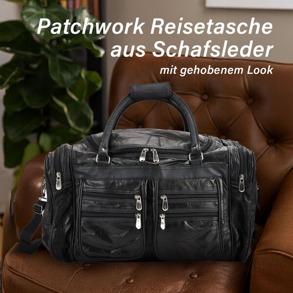 Patchwork-Reisetasche aus Schafleder mit 6 Au&szlig;entaschen und Schulterriemen, 51x29x28 cm, Schwarz image number 2