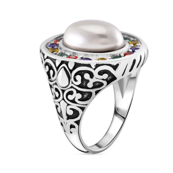 Mehrfarbiger Zirkonia, Wei&szlig;e Muschelkernperle Ring Reiner Edelstahl (Gr&ouml;&szlig;e 16.00) image number 3