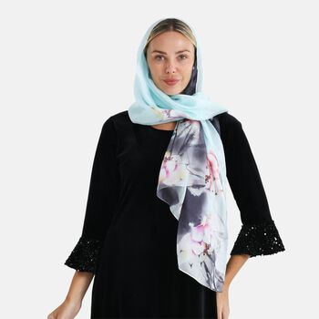 LA MAREY Signature Seidenschal aus 100% Maulbeerseide, 110 x 195 cm, Hellblau Floral