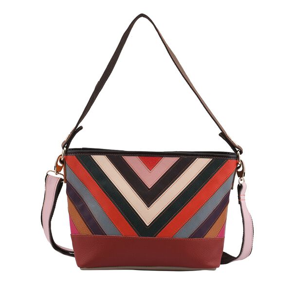 CHAOS BY ELSIE - Umh&auml;nge-Patchworktasche aus 100% echtem Leder mit Streifenmuster, 25x11x22 cm, V-Muster, glattes Leder