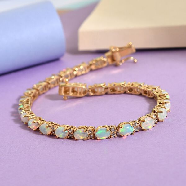 Nat&uuml;rliches, &auml;thiopisches Welo Opal und wei&szlig;es Zirkon-Armband, ca. 20 cm, 925 Silber vergoldet ca. 9,02 ct image number 2