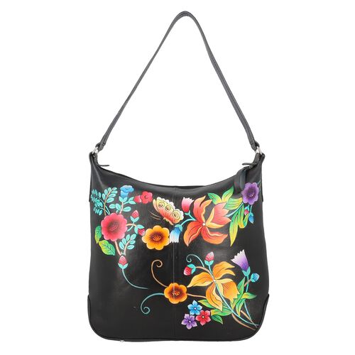 SUKRITI - handbemalte Handtasche aus echtem Leder mit RFID Schutz, Blumen Schwarz image number 0