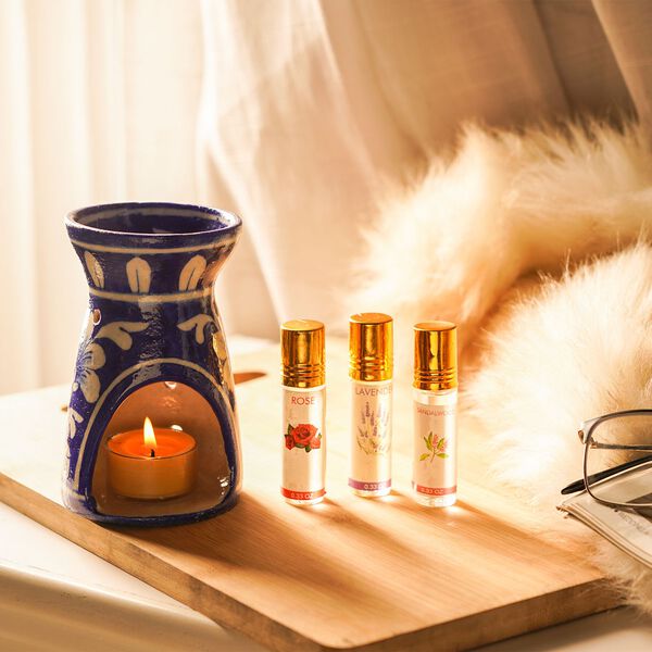 Keramik Duftlampe mit 3 &auml;therischen &Ouml;len, Handbemalt, blau image number 2