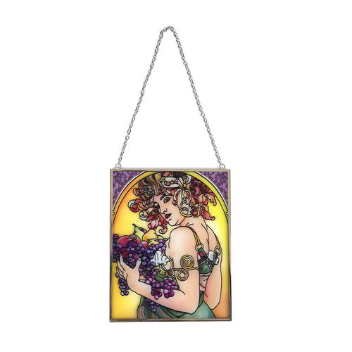 Handbemalter Glas-Sonnenfänger, Alphonse-Mucha-Motiv Frau mit Trauben, 12×15cm, Mehrfarbig image number 1