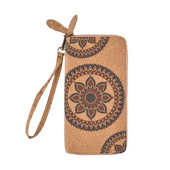 Brieftasche aus Naturkork mit doppelten F&auml;chern und RFID Schutz, 19x10x4 cm, Mandala
