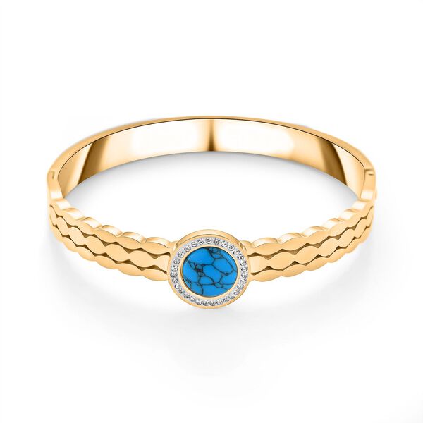 Blauer Howlit, Wei&szlig;er Kristall Armreif ca. 19 cm, 316L Edelstah, vergoldet