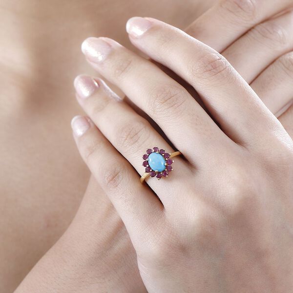 AA Sleeping Beauty Türkis, Afrikanischer Rubin (Fissure gefüllt) Ring 925 Silber 750 Gelbgold Vermeil (Größe 21.00) ca. 1,92 ct image number 3