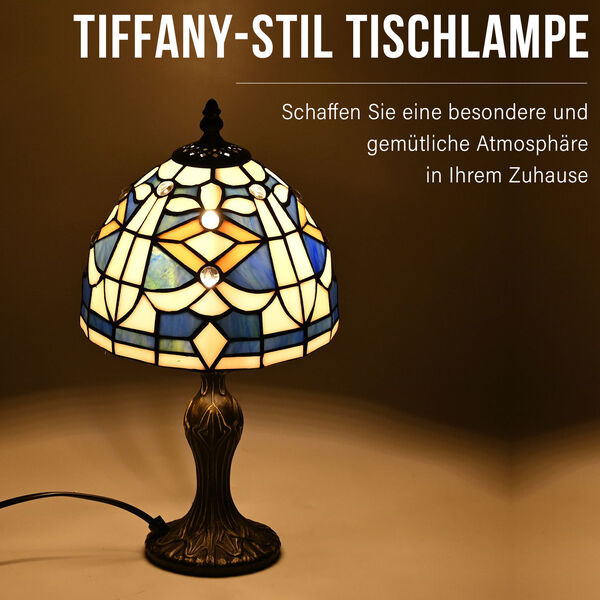 Handgefertige Tiffany-Stil Tischlampe, Buntglas, Blaues Mosaik image number 2