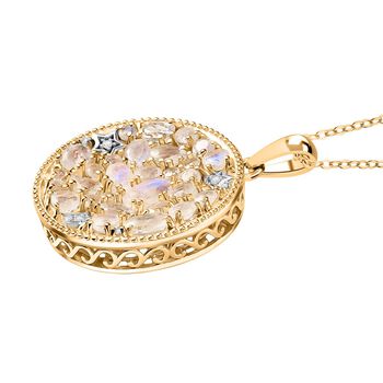 D'Joy AAA Regenbogen Mondstein und Zirkon zweifarbiger Anh&auml;nger mit 50cm Kette - 4,30 ct.