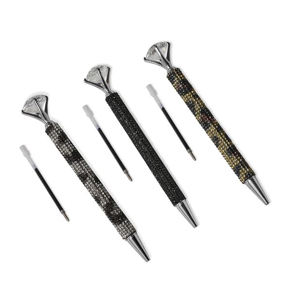Kugelschreiber-Set, 3er-Pack, Schwarz, Leoparden-Design, Strass und Kristall, inkl. Ersatzminen