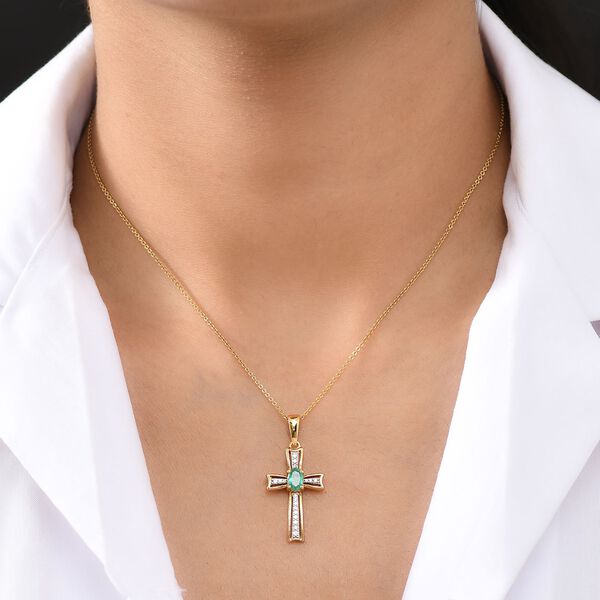 Eternal Cross - D joy Kagem Sambischer Smaragd, Weißer Zirkon Anhänger 925 Silber 750 Gelb Vergoldet ca. 0.64 ct image number 3