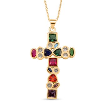 Mehrfarbiger Zirkonia Kreuz Anh&auml;nger mit Kette, ca. 43,50 cm mit 5 cm extender, Nickelfreies Messing, Goldfarben