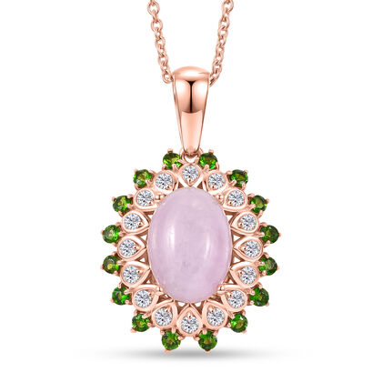 EVER TRUE Kunzit, Nat&uuml;rlicher Chromdiopsid Anh&auml;nger, Ros&eacute;goldfarben nickelfreies Messing, 316L Edelstahlkette 50 cm ca. 8.02 ct