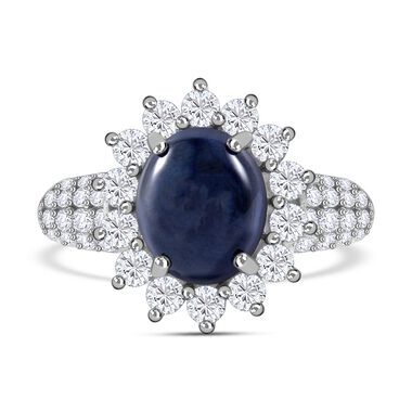 Diffundierter Stern blauer Saphir, Moissanit Ring 925 Silber rhodiniert (Größe 17.00) ca. 7,90 ct