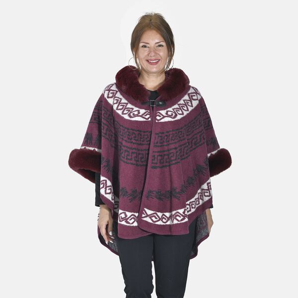 Halbmondf&ouml;rmiger Kapuzenponcho mit Druckknopfverschluss aus Kunstpelz, One Size, 80x109.22cm, Rot image number 4