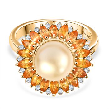 D'joy AA Goldene S&uuml;dsee Perle, Gelber Saphir Ring, ca. 9-11mm, 925 Silber 750 Gelbgold Vermeil (Gr&ouml;&szlig;e 17.00)