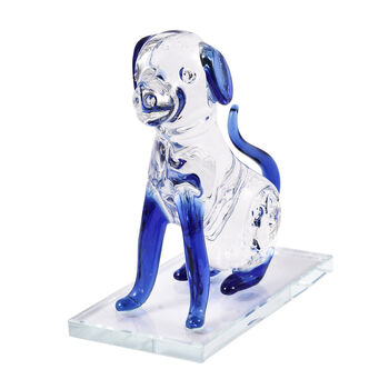 Dekorative Kristallglas Hunde-Figur auf quadratischem St&auml;nder, 12x6x15 cm, Blau