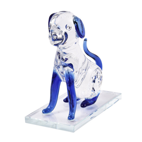 Dekorative Kristallglas Hunde-Figur auf quadratischem St&auml;nder, 12x6x15 cm, Blau