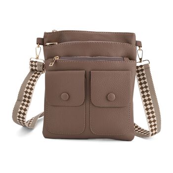 Umh&auml;ngetasche aus feinem Lederimitat mit mehreren Taschen, 120cm Trageriemen, 24x27cm, Kaffeebraun