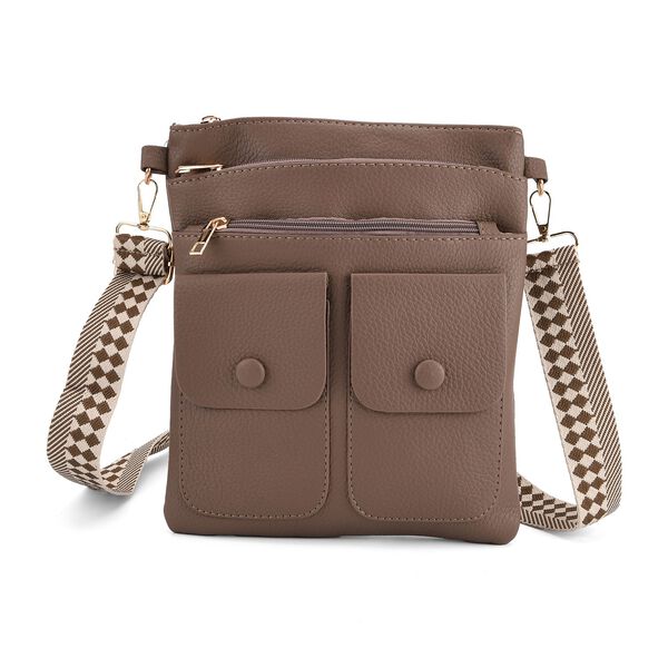 Umh&auml;ngetasche aus feinem Lederimitat mit mehreren Taschen, 120cm Trageriemen, 24x27cm, Kaffeebraun