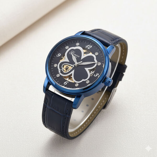 GENOA Automatikuhr mit Automatikwerk, Zifferblatt mit Blumenmuster und Moissaniten, blaues Lederarmband, 36mm image number 2