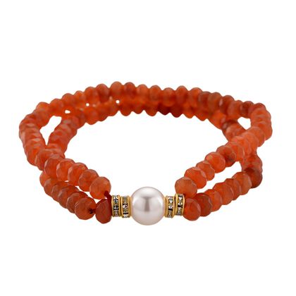 Wei&szlig;e Muschelkernperle-Armband mit Orangem Quarzit und Wei&szlig;em Kristall, flexibel, vergoldet