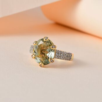 AA Prasiolith, Wei&szlig;er Zirkon Ring, 925 Silber vergoldet (Gr&ouml;&szlig;e 18.00) ca. 5.06 ct