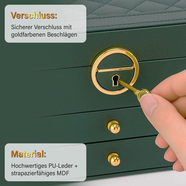 3-lagige Schmuckbox aus PU mit Diamantmuster und 5 Silberputztüchern, Grün image number 3