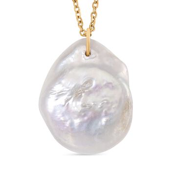 Wei&szlig;e Keshi Perle, Blauer Opal Anh&auml;nger mit Kette, Messing, Reiner Edelstahl, vergoldet