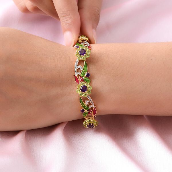 GP Italian Garden Kollektion - Afrikanisches Amethyst, Peridot und Kanchanaburi blaues Saphir emailliertes Armband in Silber image number 3