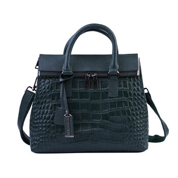 Schultertasche aus 100% echtem Leder mit Kroko-Pr&auml;gung und abnehmbarem Riemen, Gr&ouml;&szlig;e 29x12x22 cm, Dunkelgr&uuml;n