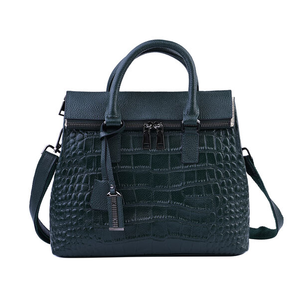 Schultertasche aus 100% echtem Leder mit Kroko-Pr&auml;gung und abnehmbarem Riemen, Dunkelgr&uuml;n&nbsp;