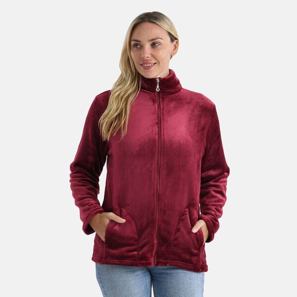 LA MAREY - Velvet Kuschel Jacke mit Rei&szlig;verschluss und Taschen, Burgunderrot, L / XL image number 4