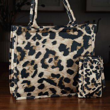 Leopardenmuster Set, Shopper 40x12x35cm und Handy-Umh&auml;ngetasche 20x10,92x1,98cm